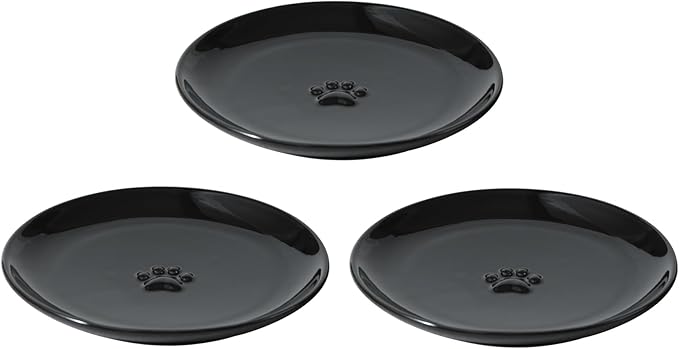 6.1'' Ceramic Wide Cat Dishes, Set of 3 Ceramic Cat Bowls, Indoor Kitten Feeding Wet & Dry Shallow Food Dish Anti Whisker Fatigue(3 Pcs, Black)