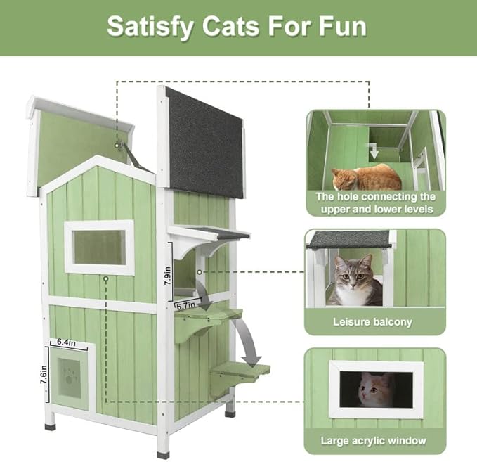 Outdoor Cat House Shelter Weatherproof, Two Story Wooden Outside Feral Cat House with Openable Roof, Escape Door