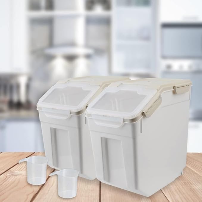 AnRui 25Lbs Airtight Rice Storage Container, Large Flour Storage Containers BPA Free Kitchen Pantry Food Storage Bin Sugar Snack Cereal Grain Organizer Box with Wheel, Scoop, 4Pack, Grey