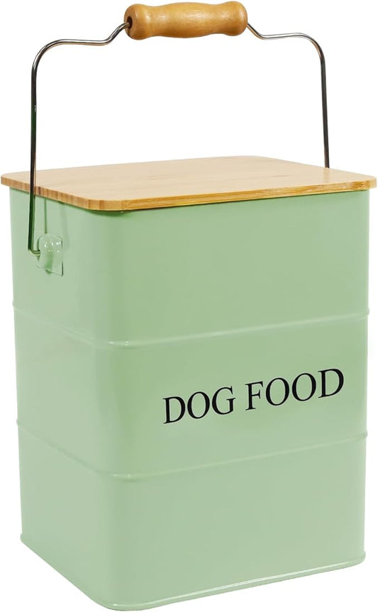 Dog Food storage container Dog Treats Jar,5~6 lb Metal food treats tin for Dog, pet snacks Canisters with wooden lid/handle/sevice scoop-Green