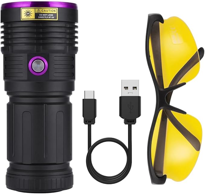 ALONEFIRE SV84 365nm UV Flashlight Strong 45W USB C Rechargeable Black Light for Pet Urine Detection, Resin Curing, Scorpion, Fishing, Minerals, Cure Glue with UV Protective Glasses, 4PCS Battery