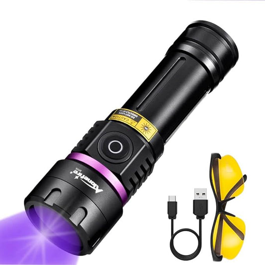 ALONEFIRE SV115 365nm UV Flashlight 30W Powerful Blacklight USB C Rechargeable Black Light for Pet Urine Detector, Scorpion, Resin, Bed Bug, Fishing with UV Protective Glasses, Rechargeable Battery