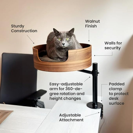 Desk Nest® Cat Bed – Space-Saving, Elevated Bed for Cats – Keeps Desks Clear, 360° Adjustable, Supports 25 lbs – Secure, Stylish and Durable – Perfect for Home Office – Walnut Wood Finish