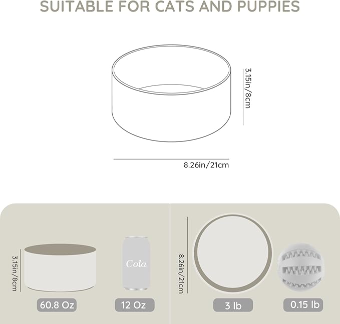 SPUNKYJUNKY 60OZ Ceramic Dog and Cat Bowl, Modern Cute Weighted Food Water Bowl for Replacement Grey (1 Pack)