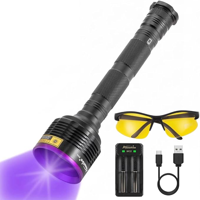 ALONEFIRE SV44 20W 365nm UV Flashlight USB Rechargeable Ultraviolet Black Light Pet Urine Detector for Resin Curing, Fishing, Scorpion, Dry Glue with UV Protective Glasses, Battery Included, Charger