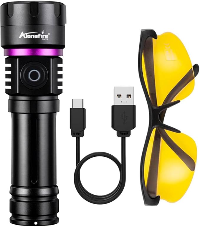 ALONEFIRE SV115 365nm UV Flashlight 30W Powerful Blacklight USB C Rechargeable Black Light for Pet Urine Detector, Scorpion, Resin, Bed Bug, Fishing with UV Protective Glasses, Rechargeable Battery