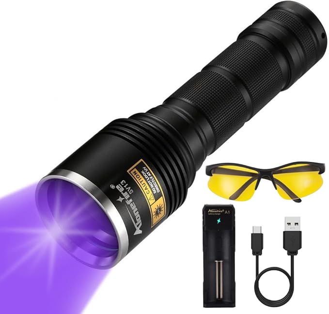 ALONEFIRE SV13 15W 365nm UV Flashlight Rechargeable Ultraviolet Woods Lamp Powerful Black Light for Pet Urine Detector, Resin, Bed Bug, Scorpion, Fishing with UV Protective Glasses, Battery, Charger
