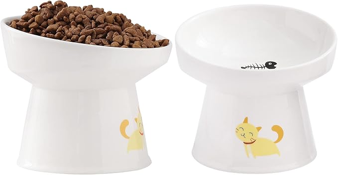 AOMRYOM Elevated Tilted Cat Bowl Set, Ceramic Feeder Bowls for Cats and Small Dog, Porcelain Raised Pet Dish, Stress Free, White, Set of 2