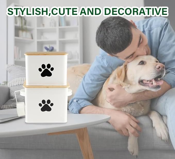 Set of 2 Airtight Dog Treat Container -10lb Metal Dog Food Canister -Dog Treat Jars for Kitchen Counter with Bamboo Lids-Pet Puppy Food Bin with Food Scoop- Doggie Cookie Jar-White