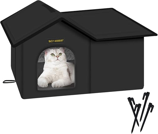 Rest-Eazzzy Cat House for Outdoor Cats, Weatherproof and Insulated Feral Cat House with Mat and Clip, Easy to Put Together, Selfwarming Cat Shelter for Winter (Black, Waterproof House-L)