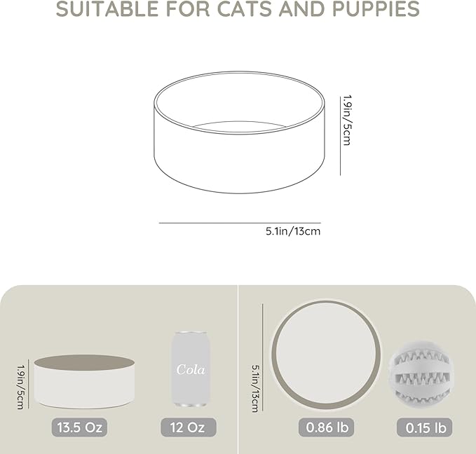 SPUNKYJUNKY 13.5OZ Ceramic Dog and Cat Bowl, Modern Cute Weighted Food Water Bowl for Replacement Grey (2 Pack)