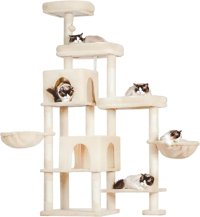 Hey-brother Cat Tree Tower, Scratching Posts with a Extended Part, Wide Platforms, Cozy Condos, Hammocks, Sisal Columns and Ball for Indoor Cats, 70.1 Inches, Beige MPJ038M