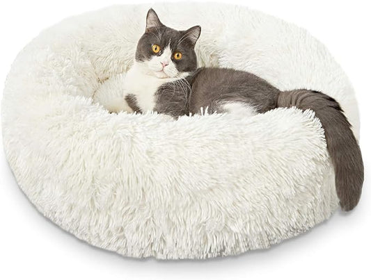 Creamy Faux Fur Cat & Dog Beds - Washable, Anti-Anxiety, Round Plush, 20/24 inches, Thick Bottom
