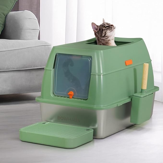 XL 3 in 1 Enclosed Extra Large Metal Litter Box w/Lid, Stainless Steel Cat Litter Box, Odorless Steel Litter Pan, Anti-Leakage & Easy Clean, High Sided Metal Litter Box w/Scoop, Green