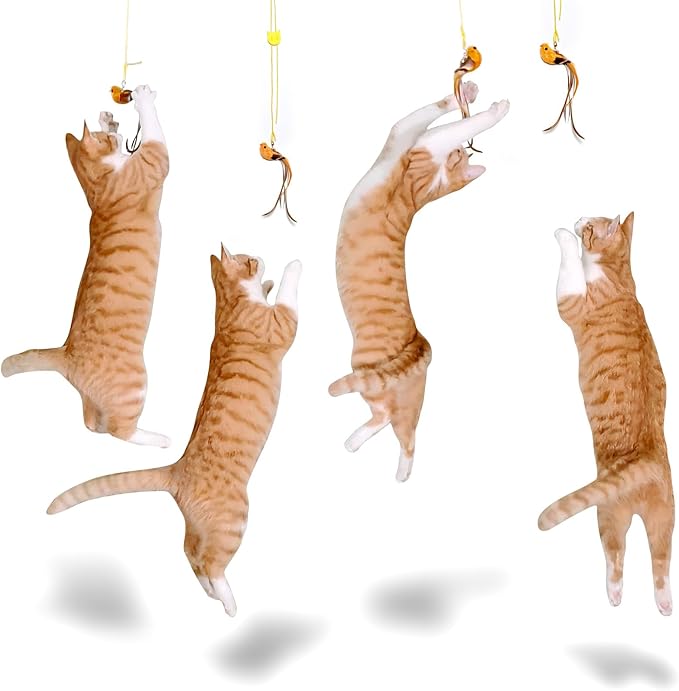 4 Bird Cat Wand Toy Refill for Indoor Cats, Interactive Birds Simulation Set,Door Hanging Feather Cat Toys String Wand Replacement Attachments