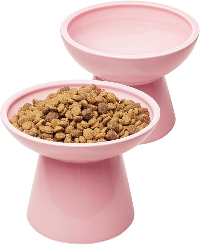 2 Elevated Cat Bowls Extra Wide for Food & Water – Whisker Fatigue, Ceramic Wide Shallow Food Dish, Lead & Cadmium Free, Raised Height for Cats, Pink