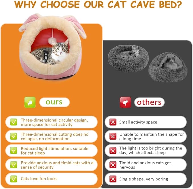 Lcybem Cat Beds for Indoor Cats - Rabbit-Shaped Cat Cave Bed with Hanging Toy,Super Soft Calming cat Tent for Kitten&Puppy,Small Dog,Warm Plush&Machine Washable&Removable Cotton Pad (Pink L)