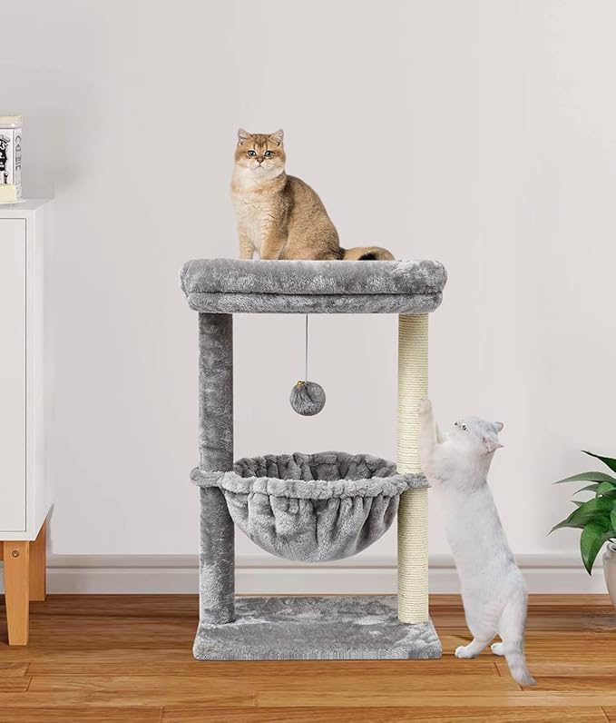 SYANDLVY Small Cat Tree for Indoor Cats, Activity Cat Tower with Scratching Post for Kittens, Cat Bed & Furniture with Basket & Hanging Ball for Play Rest