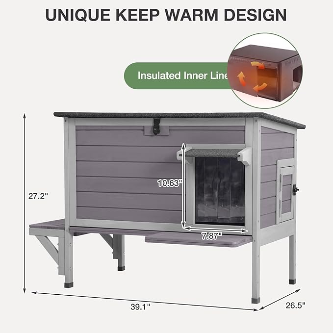 Outdoor Cat House with Insulated Liner, Heated Feral Cat House for Winter, Weatherproof Stray Cat Shelter Outside, Kitty Condo Indoor