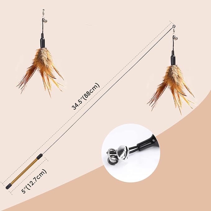 Pawaboo Feather Teaser Cat Toy - Interactive Wand with Extra Long 34.5" Wand and Small Bell, Fun Exerciser Playing Toy for Kittens or Cats, Brown Feather