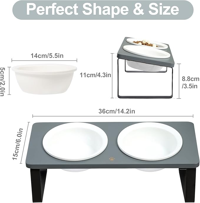 Sunhoo Ceramic Elevated Cat Bowls Raised Puppy Dishes for Food and Water Tilted Wooden Stand for Indoor Cats 5.5 inch Wide Double Dish Orthopedic Reduces Vomiting (Grey)
