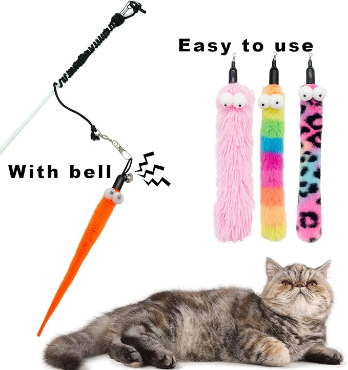 Cat Worm Toy Refills, 8 Pieces Cat Wand Attachments Assorted Worms Feathers Toy for Indoor Cats (B)