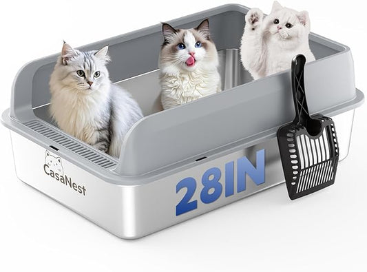 XXXL Stainless Steel Cat Litter Box with Lid 28.1''×20.5''× 10.1” Extra Large Metal Cat Litter Box for Big, Multi Cats, Anti-Leakage & Non-Stick Metal Pan, Easy to Clean, Durable (Dark Grey