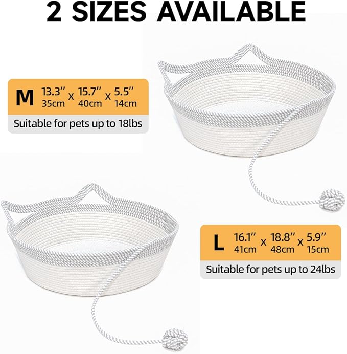 Cotton Rope Woven Cat Bed Basket, Hand Woven with Toy Tail, Small Dogs & Puppies Sleeping Bed, Indoor Cat & Rabbit Basket (Large, Gray & White)