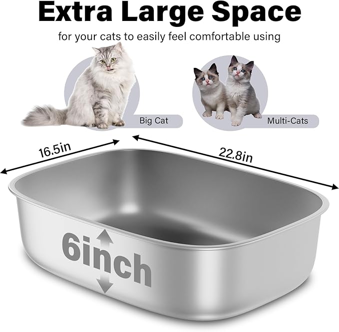 Stainless Steel Litter Box, 22.8“x16.5"x6" Oval Stainless Steel Cat Litter Box Extra Large, XL Metal Litterbox for Big Cats, Non Stick Surface, Easy to Clean