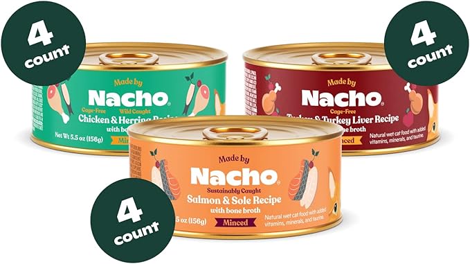 Made by Nacho Pate Wet Cat Food Variety Pack, Chicken, Salmon, and Turkey, 5.5 Ounce Cans, Grain-Free Canned Pet Food, Bone Broth Infused for Hydration, Limited Ingredients, 12 Pack