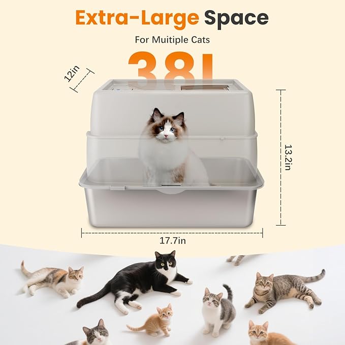 Nobleza Stainless Steel Cat Litter Box Extra Large Open-Top Enclosed Design Metal Litter Pan, Indoor Litter Tray, Non Stick, No Smell, Easy to Clean, Pet Toilet Supplies for Kitten, Kitty, Rabbit