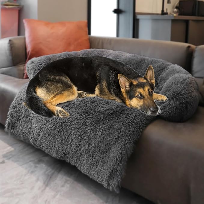 Calming Dogs/Cats Bed Mats, Dog Pad Washable Removable Couch Cover, Plush Long Fur Mat for Pets, Waterproof Lining, Perfect for Small, Medium and Large Dogs and Cats (Dark Gray, 45"x37")