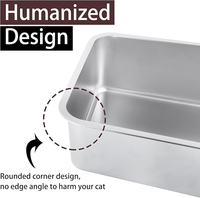 Stainless Steel Cat Litter Box for Adult Cats or Kitty/Kitten 19.5"x13.6"x6" Rust-Proof, High Side, Non Stick, No Smell, Easy to Clean Metal Cat Litter Box