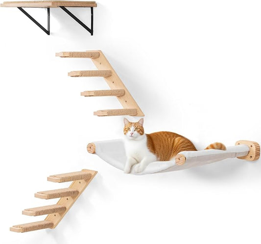 Cat Wall Shelves Set of 4, with 1 Floating Fabric Hammock, 2 Ladders with 4 Steps Each & 1 Flat Shelf – Wall Mounted Bed Furniture & Climber for Large Cats, Indoor Playground
