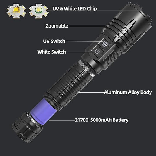 Zoomable 365nm UV Flashlight - High Lumen Rechargeable Tactical Blacklight, Bright Handheld Detector for Rock Hunting/Resin Curing/Pet Urine/Scorpion Tracking, Waterproof Camping Flash Light