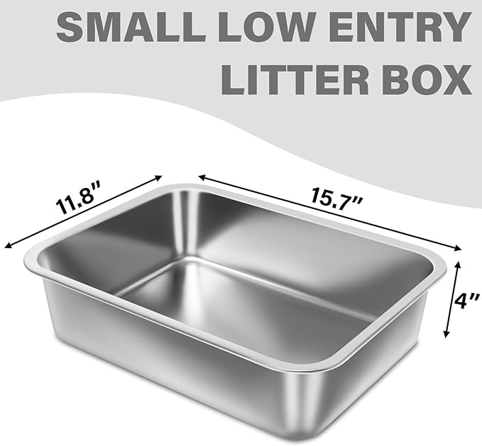 Small Stainless Steel Litter Box,15.7"x11.8"x4" Kitten Litter Box, Easy Clean Non Stick Easy Entry No Smell Metal Litterbox for Kittens/Kitty/Rabbits