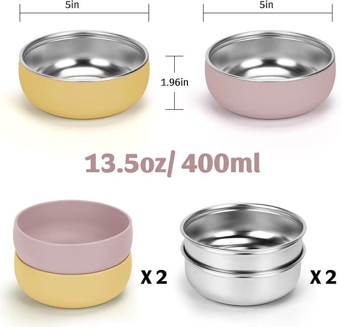 Kitten Food Bowls 2 Pack, Stainless Steel Cat Food and Water Bowl Set with Anti-Slip Silicone Bottom, 5 '' Wide Thick & Heavy Duty Metal Pet Bowls for Indoor Cats