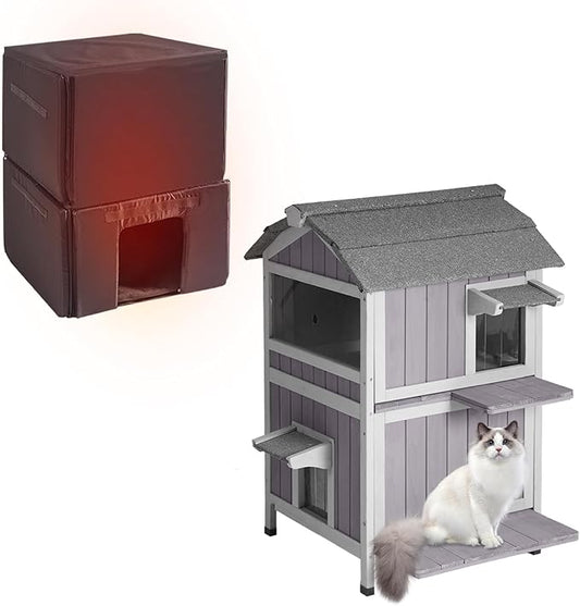 Insulated Cat House Outdoor Two-Story Feral Cat House with Escape Door and Two Large Side Door, Weatherproof Kitty Shelter with All-Round Insulated Liner for Outside