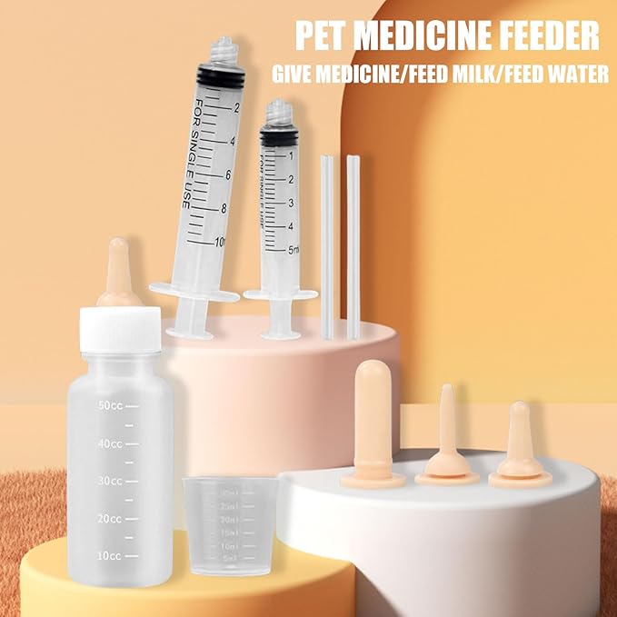 Suxgumoe Pet Feeding Bottle Set, Feeding Silicone Nipple with Bottle and Syringes, Reusable Pet Nursing Kits Feeding Tools for Rabbits, Small Animals (1 Bottle+3 Nipples+2 Syringes + 1 Measuring Cup)