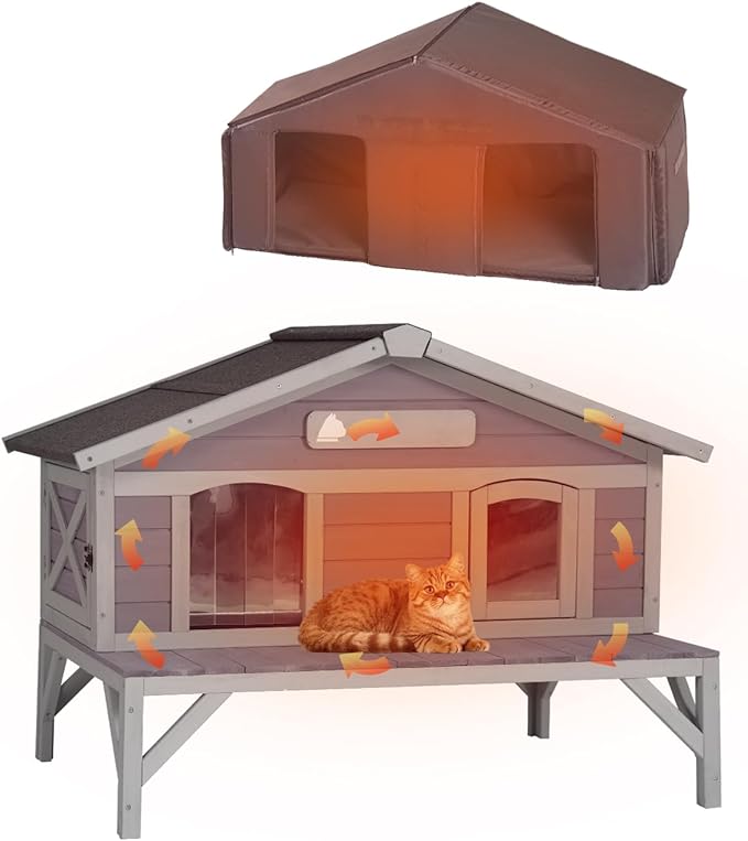Insulated Outdoor Cat House with Balcony Weatherproof Kitty Shelter with Insulated Liner Large Feral Cat Shelter with Escape Door