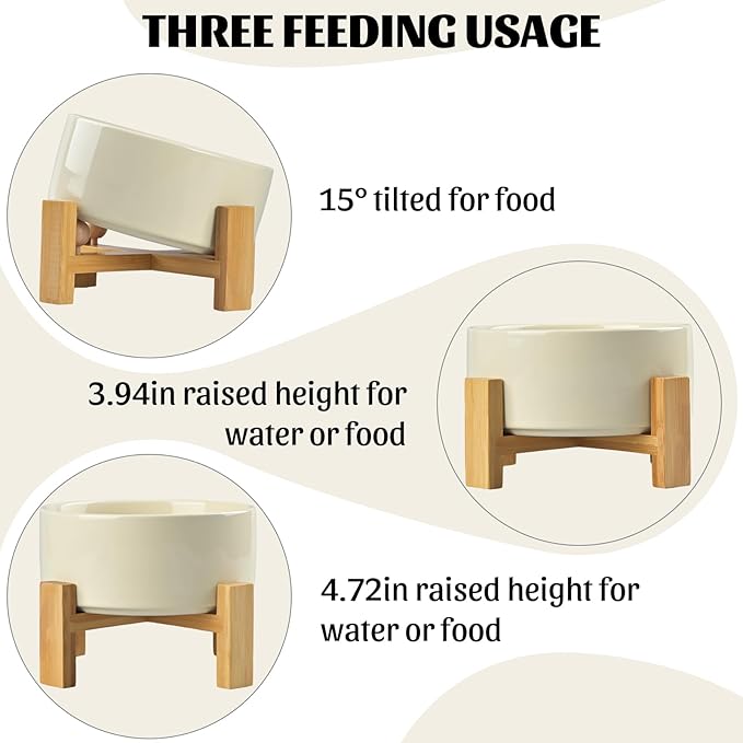 SPUNKYJUNKY 15° Slanted Ceramic Dog and Cat Bowl with Wooden Stand, Tilted Bulldog Food and Water Bowl No Slip Non-Spill for Cats Medium Dogs Big Face Pets 28.7 OZ (3.6 Cups, Beige)