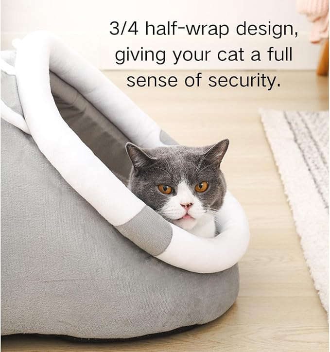 Cat Bed Cave with Removable Cushion, Indoor Pets Plush House Bed with Pompom for Small Dogs Cats Kitten Puppy Rabbits (Grey,M)
