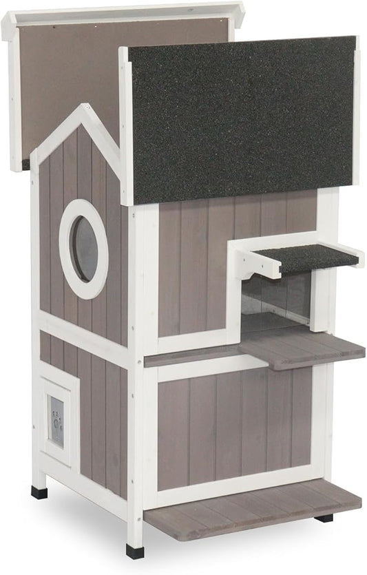 Cat House for Outdoor Cats Outdoor Cat House Weatherproof, 2 Story Feral Cat Shelter for Winter, Wooden Kitty House Home Enclosure Outside with Waterproof Roof