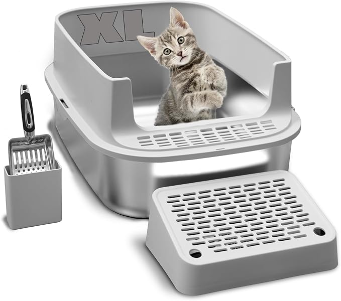 Stainless Steel Cat Litter with Lid, XL Extra Large Enclosed Cat Litter Box for Big Cats, High Sides Metal Litter Box, Anti Leakage,Odor-Free & Easy Cleaning,Include Scoop & Foot Board