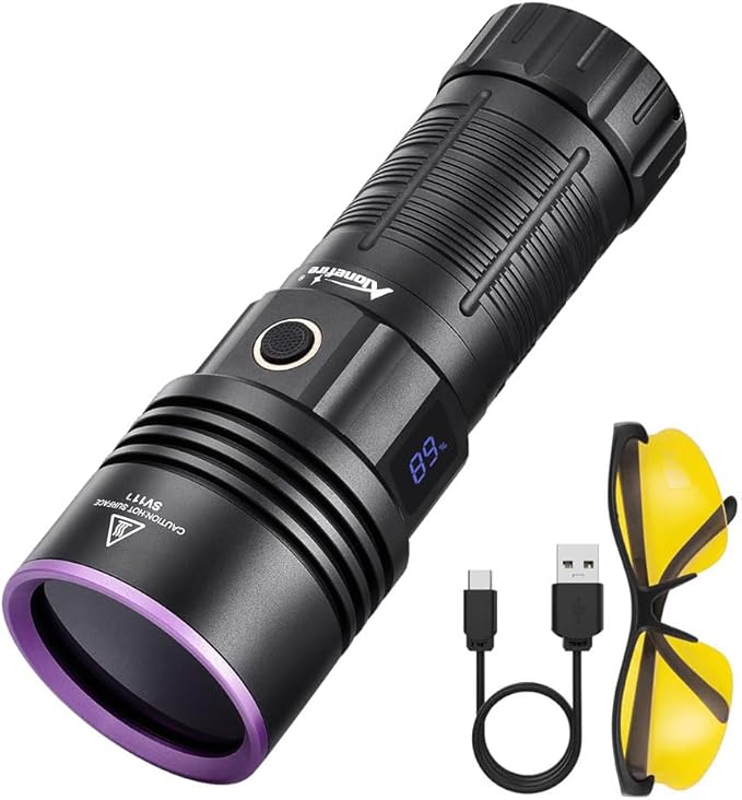 ALONEFIRE SV117 365nm UV Flashlight 70W Powerful Blacklight Digital Display USB Rechargeable Black Light for Pet Urine Detector, Scorpion, Resin, Bed Bug, Fishing with UV Protective Glasses, Battery
