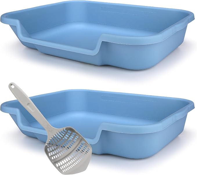 KittyGoHere Senior Cat Litter Box 2 Pack, Large Blue Low Entrance Kitty Litter Box, Sized for Cats Comfort, Perfect for Senior & Arthritic Cats, Made in USA, with Long-Handle Jumbo Scoop