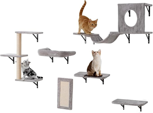 VEVOR Wall Mounted Cat Shelves, Perches with Jumping Boards, Hammock, Sofa, Cat Furniture and Shelves up to 40 lbs for Sleeping, Playing, Climbing, Set of 6