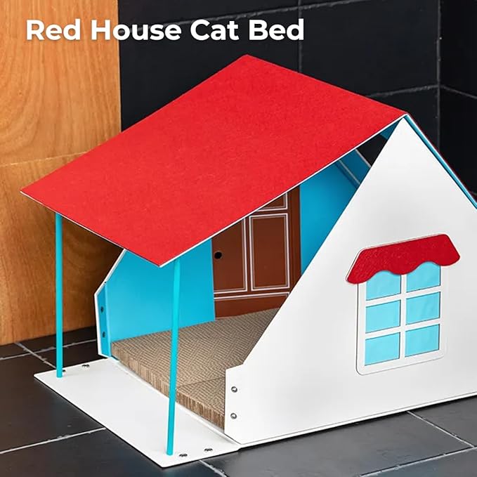 Cardboard Cat House Indoor Cat Bed Red Roof Cat Scratcher House Cat Playhouse Condo