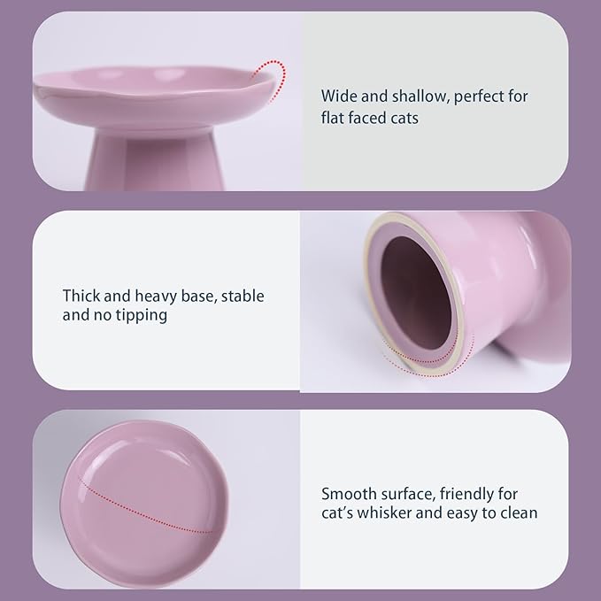 Wide Shallow 6.1" Raised Cat Bowls, Ceramic Elevated Food Plate for Flat Faced Cats and Small Dogs, Porcelain Feeder Bowl, Stress Free, Protect Cat’s Spine, Lavender