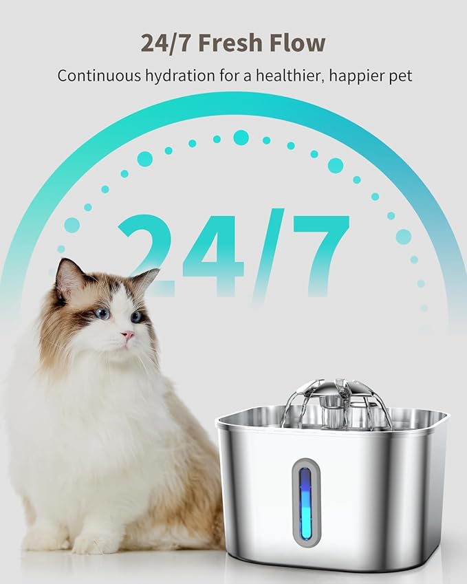 Cat Water Fountain Stainless Steel, 2.2L/74oz Cat Fountain with Quiet Pump, Automatic Pet Water Dispenser, Ideal for Multi-pet Homes, Fresh & Clean Water for Cats and Dogs